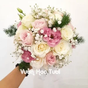 Bó hoa cưới cầm tay Tone Trắng Hồng-HCT02