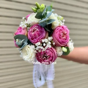 Bó Hoa Cưới Sen Hồng Phong Cách Truyền Thống