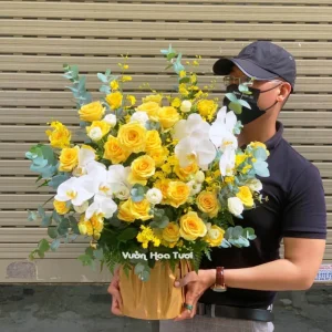 Lẵng Hoa Khai Trương Hồng Vàng Sang Trọng